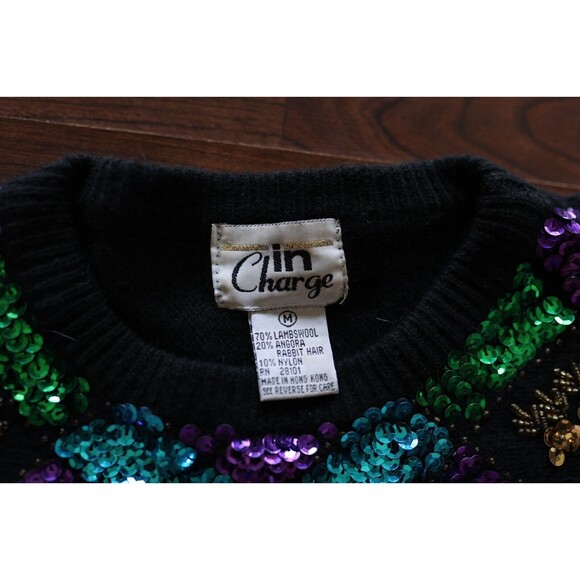 Vintage In Charge Black Floral Sequin Sweater Lambswool Angora Medium 80s - Picture 3 of 11